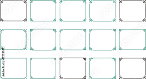 Collection of 20 rectangle frames with ornate vintage corners in dark gray and teal for formal documents and invitations.