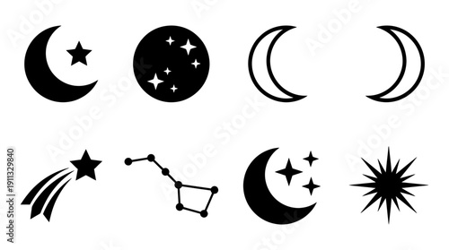 moon and stars , black vector icon set collection , white background , SVG and PNG