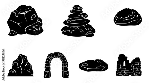 moss stone , black vector icon set collection , white background , SVG and PNG