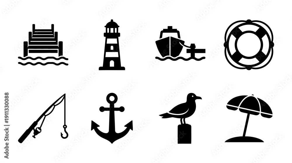Fototapeta premium pier , black vector icon set collection , white background , SVG and PNG