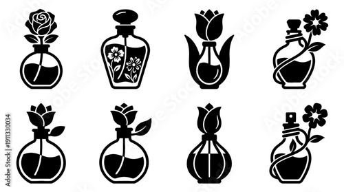 perfume bottle flower , black vector icon set collection , white background , SVG and PNG