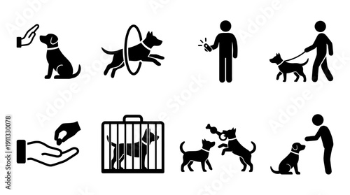 pet training , black vector icon set collection , white background , SVG and PNG