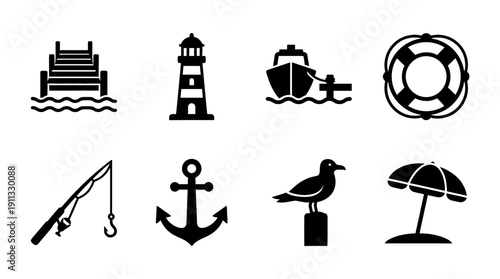 pier , black vector icon set collection , white background , SVG and PNG