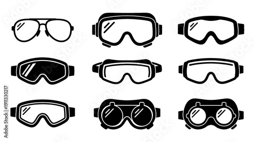 protective goggles , black vector icon set collection , white background , SVG and PNG