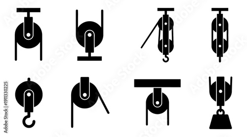 pulley system , black vector icon set collection , white background , SVG and PNG