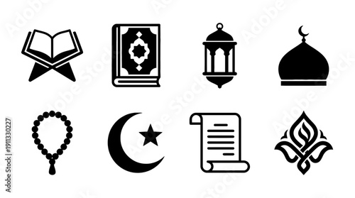 quran book , black vector icon set collection , white background , SVG and PNG