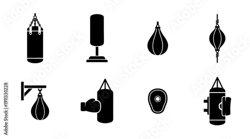 punching bag , black vector icon set collection , white background , SVG and PNG