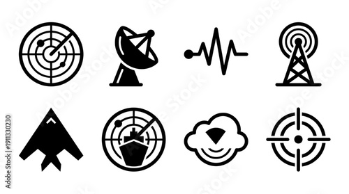 radar , black vector icon set collection , white background , SVG and PNG