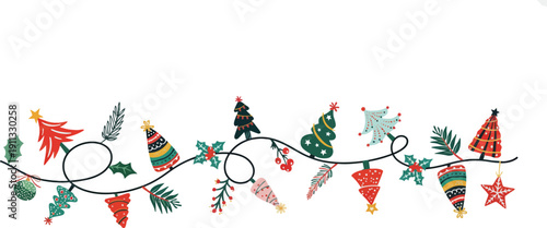 Festive horizontal Christmas lights garland featuring playful trees, baubles, and stars in a colorful, whimsical illustration style. Perfect for holiday decorations and designs.