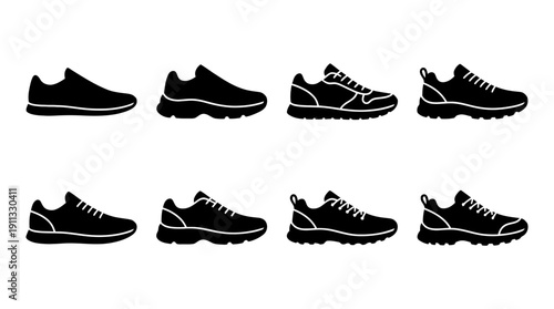 running shoes , black vector icon set collection , white background , SVG and PNG