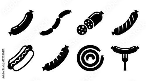sausage , black vector icon set collection , white background , SVG and PNG