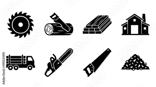 sawmill , black vector icon set collection , white background , SVG and PNG