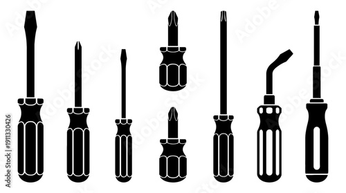 screwdriver set , black vector icon set collection , white background , SVG and PNG