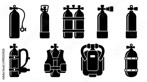 scuba tank , black vector icon set collection , white background , SVG and PNG