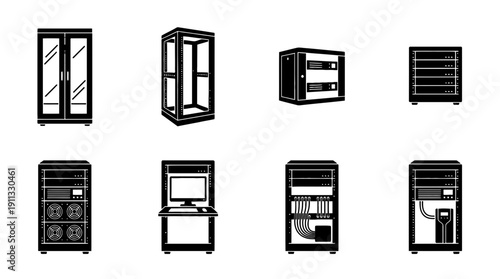 server rack , black vector icon set collection , white background , SVG and PNG