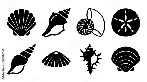 shell , black vector icon set collection , white background , SVG and PNG