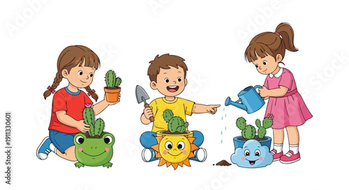 Three happy children are actively engaged in gardening, planting and watering cactus plants in whimsical pots shaped like a frog, sun, and cloud.