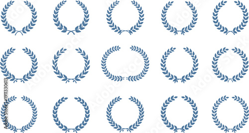 Collection of 15 blue laurel wreath icons on a neutral background. Representing award, victory, and achievement for various recognition purposes.