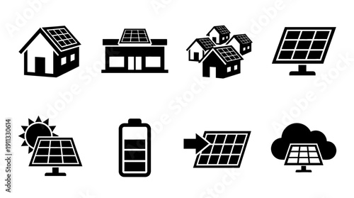 solar panel roof , black vector icon set collection , white background , SVG and PNG