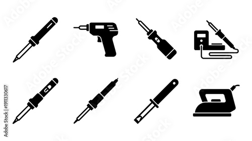 soldering iron , black vector icon set collection , white background , SVG and PNG