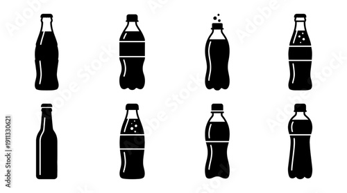 soft drink bottle , black vector icon set collection , white background , SVG and PNG