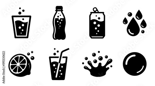 sparkling water , black vector icon set collection , white background , SVG and PNG
