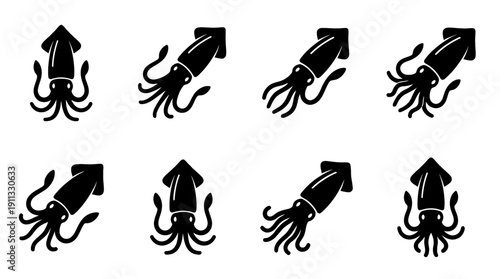 squid , black vector icon set collection , white background , SVG and PNG
