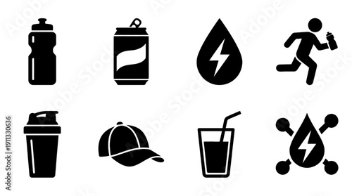 sports drink , black vector icon set collection , white background , SVG and PNG