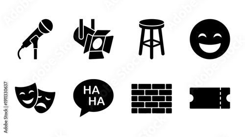 standup comedy , black vector icon set collection , white background , SVG and PNG