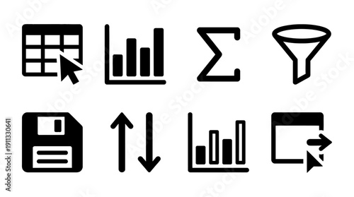 spreadsheet , black vector icon set collection , white background , SVG and PNG