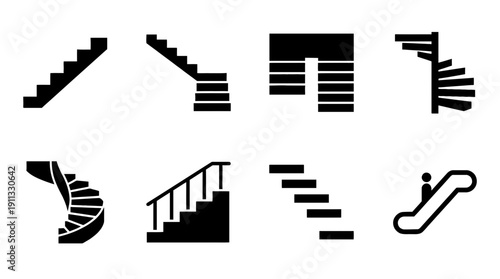 staircase , black vector icon set collection , white background , SVG and PNG