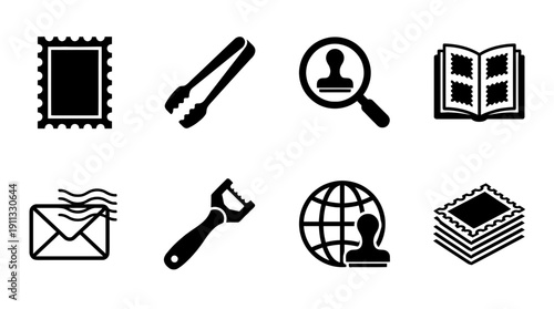 stamp collecting , black vector icon set collection , white background , SVG and PNG