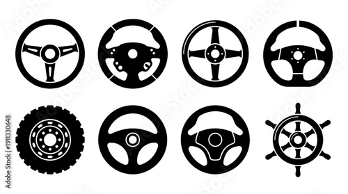 steering wheel , black vector icon set collection , white background , SVG and PNG