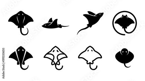 stingray , black vector icon set collection , white background , SVG and PNG