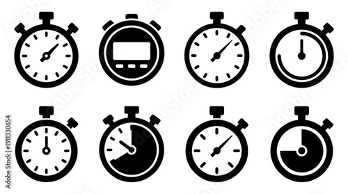 stopwatch , black vector icon set collection , white background , SVG and PNG