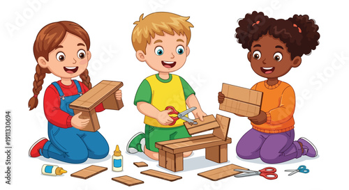 Three diverse children (two girls, one boy) kneeling on the floor are actively engaged in crafting small furniture items from cardboard using scissors and glue.