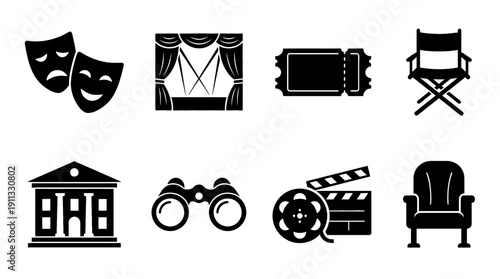 theater , black vector icon set collection , white background , SVG and PNG