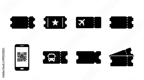 ticket , black vector icon set collection , white background , SVG and PNG