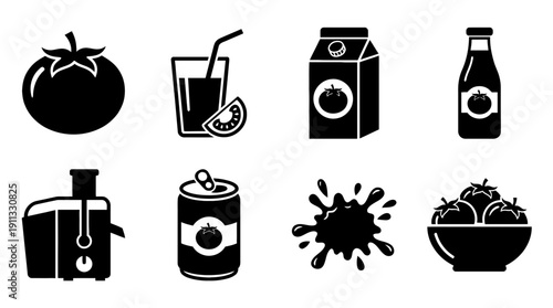tomato juice , black vector icon set collection , white background , SVG and PNG