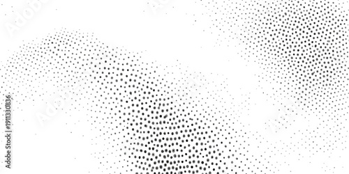 An abstract black and white halftone background features a wave of digital dots and circular vector shapes to create a creative pattern design for a modern technology wallpaper backdrop