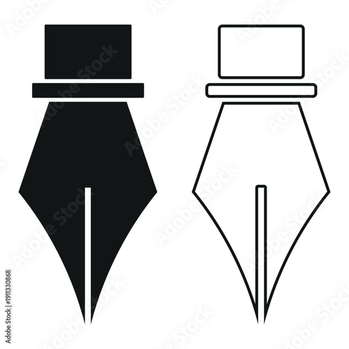 Classic fountain pen nib vector icons in black and white for writing and calligraphy themes