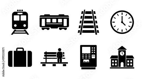 train station , black vector icon set collection , white background , SVG and PNG