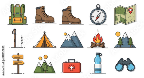 Hiking and Camping Equipment Icons: Backpack Boots Compass Map Tent and More.