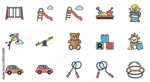 Collection of colorful cartoon icons representing childrens toys and playground equipment.