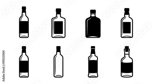 vodka bottle , black vector icon set collection , white background , SVG and PNG