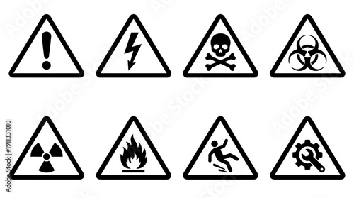 warning sign triangle , black vector icon set collection , white background , SVG and PNG