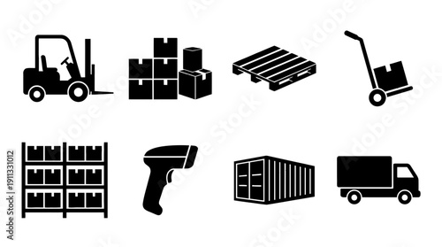 warehouse , black vector icon set collection , white background , SVG and PNG