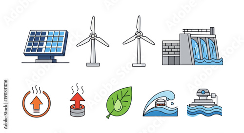 Renewable Energy Sources: Solar Panel Wind Turbines Hydroelectric Dam Geothermal Biomass Leaf Wave and Tidal Power.