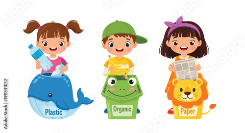Three happy cartoon children are actively sorting waste into animal-themed recycling bins for plastic, organic, and paper materials.