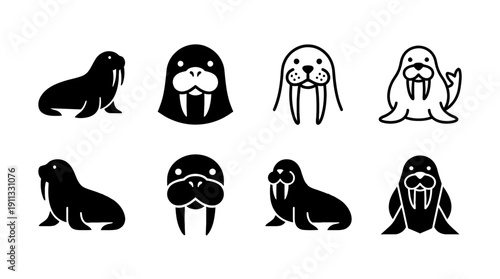 walrus , black vector icon set collection , white background , SVG and PNG